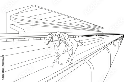 Minimalist line art of horse and jockey racing forward on track, dynamic speed and champion energy