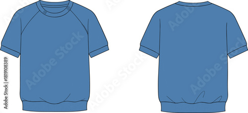 Short sleeve sweatshirt front and back flat sketch, raglan sleeve crew neckline ribbed cuff hem detail, cad drawing flat vector illustration template