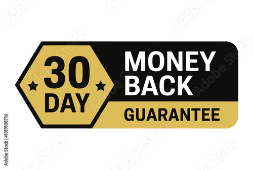A 30-day money-back guarantee badge with black and gold colors.