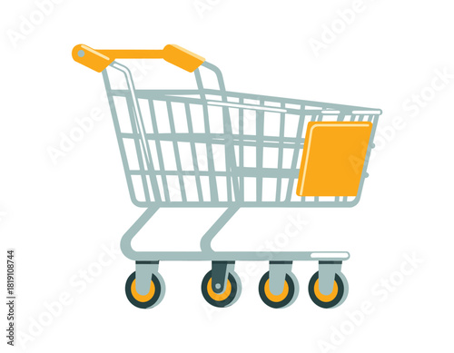 A modern shopping cart with a yellow handle and accents sits on a white background.