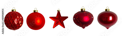 Red Christmas decoration balls and star isolated on empty transparent background. Christmas holiday ornament, bauble. New Year and Merry Christmas.