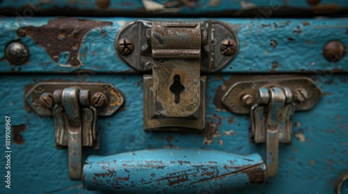 Close-up of a weathered, vintage blue suitcase with rusty metal latch and lock. Retro travel, adventure, and antique texture concept.