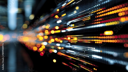 Abstract digital image featuring blurred lights in various shades on a dark background