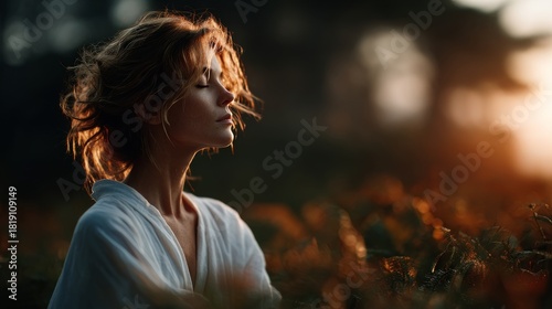 Close-up of a young woman meditating outdoors, eyes closed, bathed in golden sunset light. Her expression is peaceful, highlighting a connection to nature and wellness.