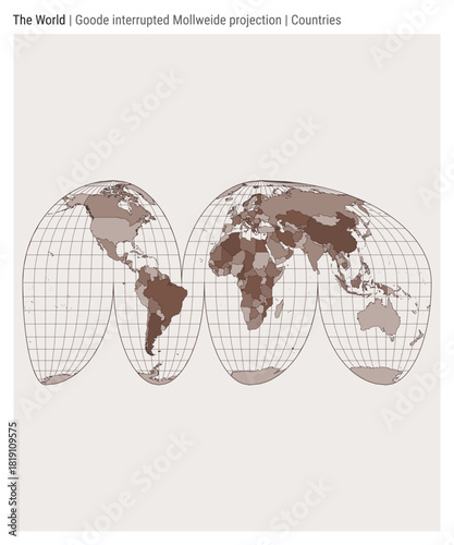 World Map. Goode interrupted Mollweide projection. Countries style. High Detail World map for infographics, education, reports, presentations. Vector illustration.