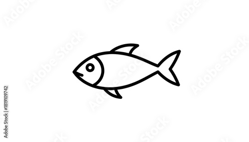 A simple black and white line drawing of a fish. The fish has basic features, a single eye, and fins. Its body is curved