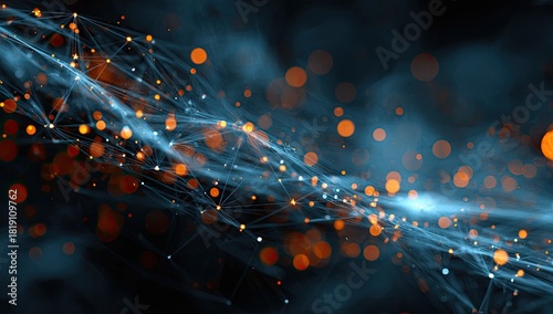 Abstract network of interconnected nodes with glowing orange lights on a dark blurred background