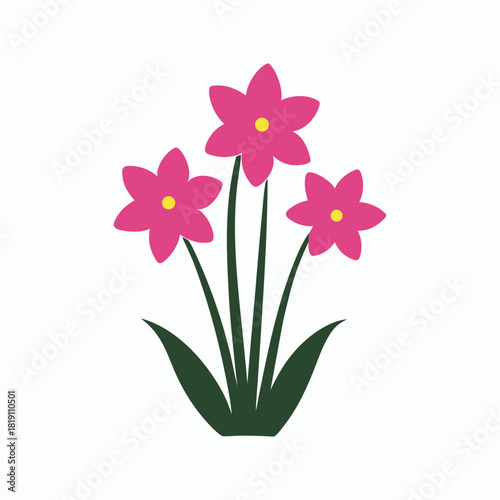Vibrant pink flowers with green stems and leaves in a clean flat design Vector