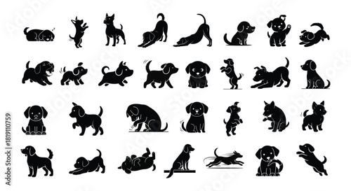 Versatile Collection of Playful Dog and Puppy Silhouettes in Diverse Poses and Actions for Design
