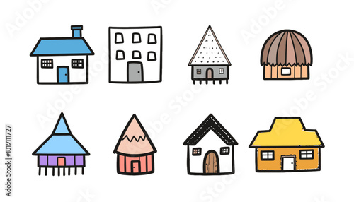 Doodle Style Housing and Traditional Architecture Icon Set: Hand Drawn Houses, Multi-Story Building, Stilt Houses, Thatched Roof Huts, and Diverse Global Dwellings
