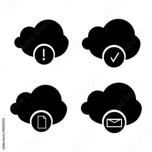 Collection Of Four Solid Cloud Icons Showing Warning, Success, Email, and Wor
