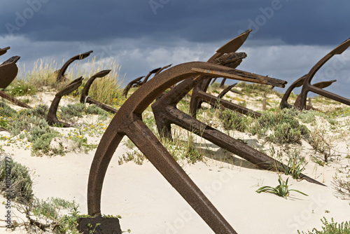 Rusting iron anchors arranged in sand dunes at Praia do Barril, Tavira, Portugal, memorial to tuna fishing heritage,