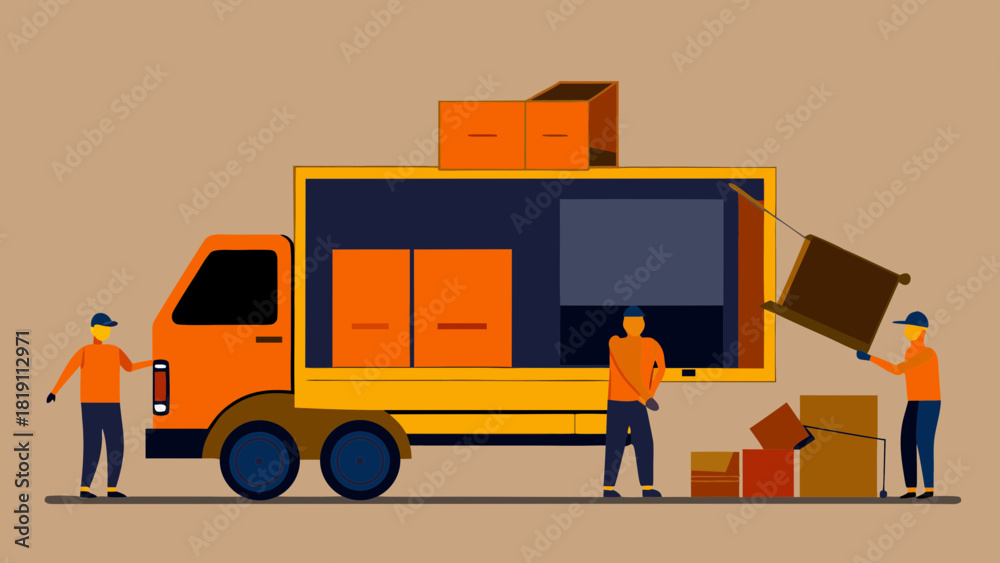 Fototapeta premium Junk removal service with workers removing old furniture from a moving truck