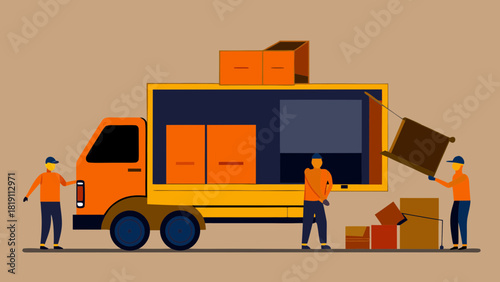 Junk removal service with workers removing old furniture from a moving truck