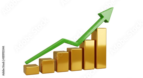 A golden bar graph showing growth with a green arrow pointing upwards on a black background