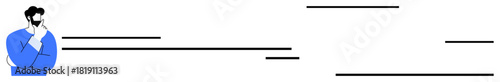 Person pondering while looking at abstract linear shapes, conveying analysis, strategy, and organization. Ideal for creativity, critical thinking, problem-solving, planning, innovation