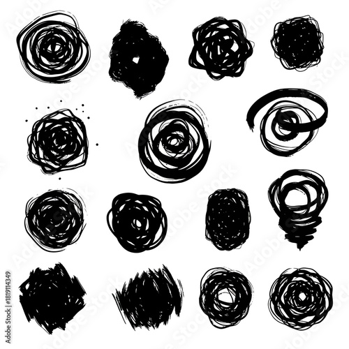 An assortment of hand-drawn abstract scribbles and chaotic ink doodles. Vector collection of rough brush stroke spiral shapes