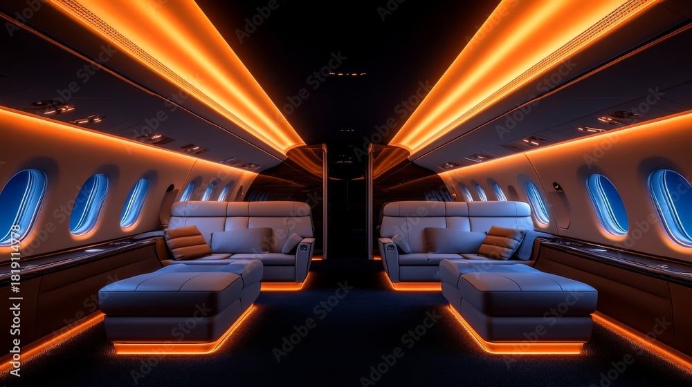 Fototapeta premium Luxurious private jet cabin interior at night, featuring plush seating, illuminated orange light strips, and blue-glowing windows.