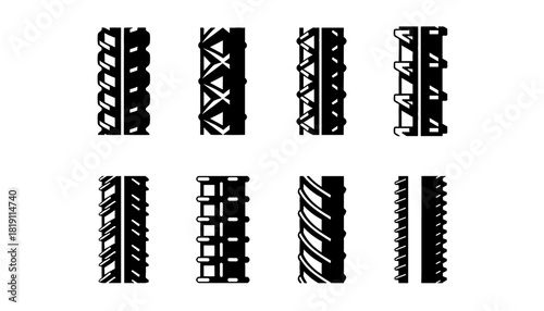 Rebar and Steel Reinforcement Bar Silhouette Icon Set: Various Deformed Patterns for Concrete, Construction, Building, Industry, and Civil Engineering Structure
