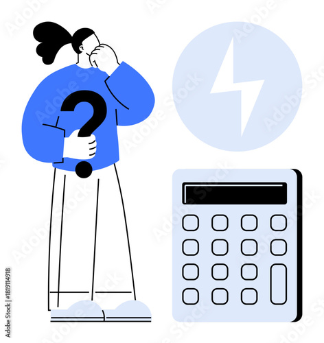 Individual holding a question mark, lightning bolt icon symbolizing energy, and calculator for financial calculations. Ideal for energy efficiency, budgeting, finance, electricity pricing