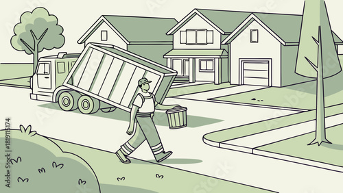 Waste disposal service with a worker in uniform carrying a trash bin near residential houses