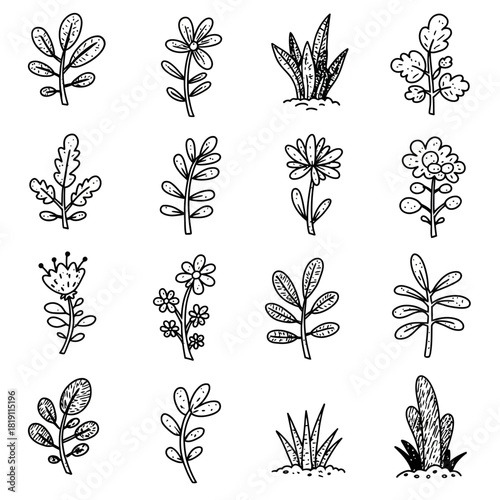 A hand-drawn vector collection of simple plant forms and flowers. This botanical assortment is presented in a naive doodle art style for design elements