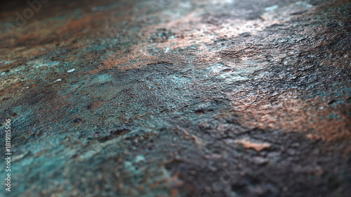 Close-up of a weathered, textured metal surface with a greenish-blue hue
