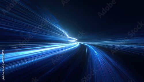 Abstract image of blue streaks of light creating a sense of motion and speed against a dark background