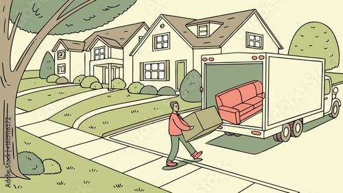Transportation service with a mover loading furniture into a moving truck near houses