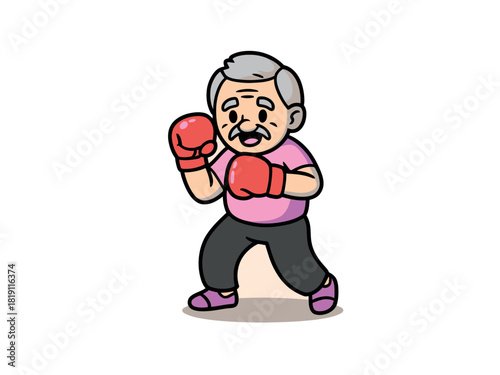 An elderly man wearing boxing gloves stands in a fighting stance, ready for a match.