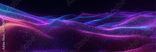 A digital landscape of glowing, layered, undulating forms with vibrant neon colors against a dark background