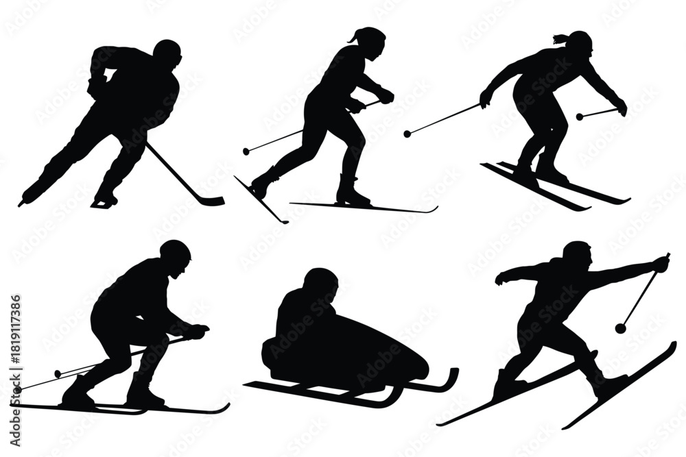 Fototapeta premium Winter sports icon set featuring vector black symbols of skiing and snowboarding, perfect for glyph illustrations, sports graphics, winter activity designs