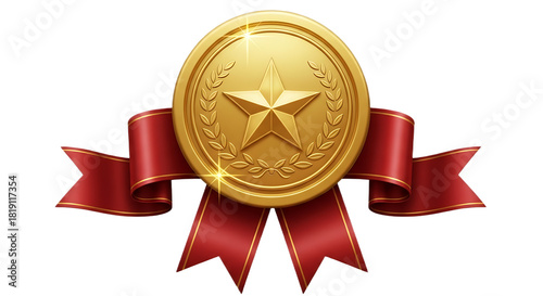 A golden medal with a star and laurel wreath on it hanging from a red ribbon on a black background