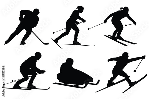 Winter sports icon set featuring vector black symbols of skiing and snowboarding, perfect for glyph illustrations, sports graphics, winter activity designs