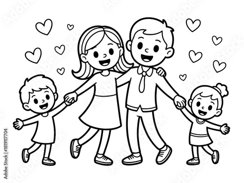 A happy family of four, consisting of parents and two children, holding hands and surrounded by hearts.