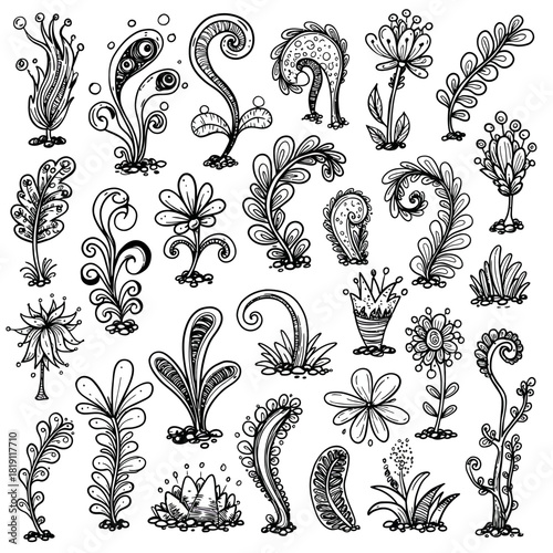 An assortment of twenty-five abstract plants in a unique hand-drawn doodle style, isolated vector illustration collection
