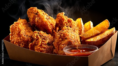 Crispy fried chicken pieces and potato wedges with ketchup.
