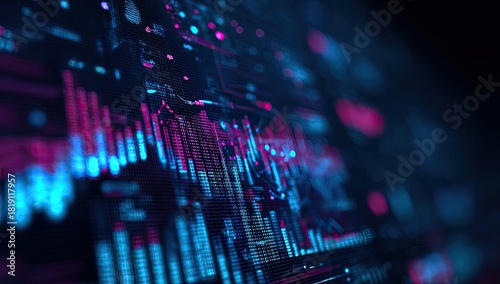 Digital display showing vibrant blue, pink, and purple graphs and data visualizations