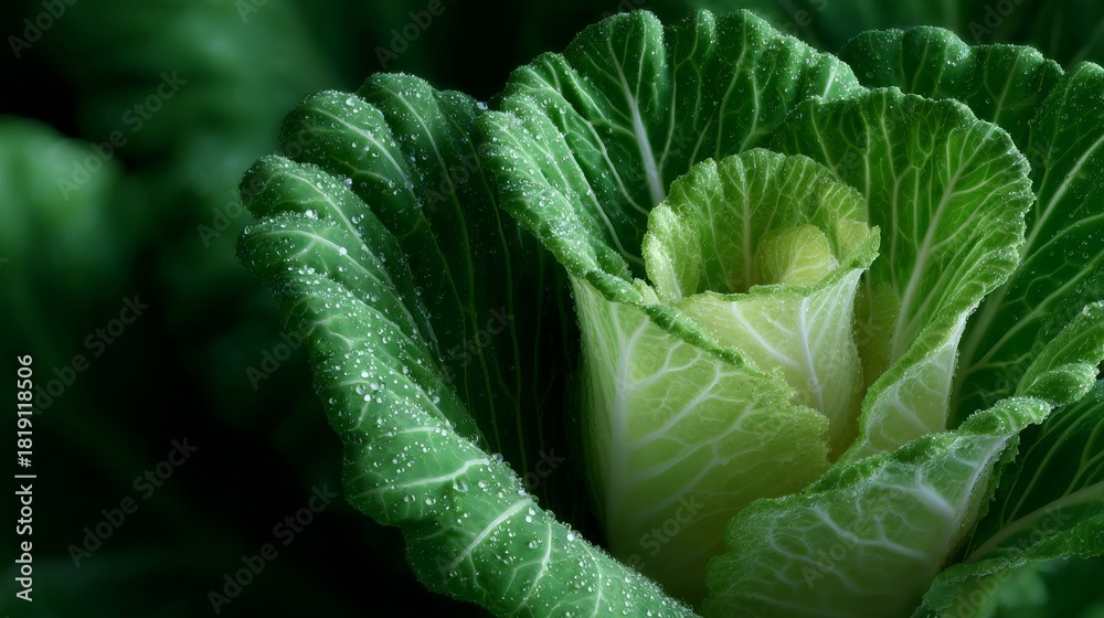 Fototapeta premium Vibrant green kale leaves with water droplets. Close-up of the heart of the vegetable, emphasizing fresh texture and healthy eating.