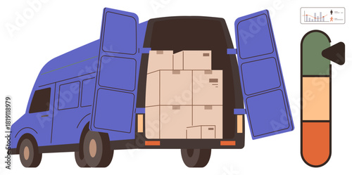 Delivery van loaded with boxes, open rear doors, and a cargo load indicator with green, yellow, and red zones. Ideal for logistics, transportation, inventory, shipping e-commerce supply chain