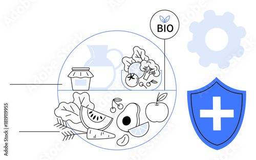 Diverse organic fruits and vegetables alongside bio label, shield with health cross, and gear. Ideal for nutrition, wellness, organic farming, health, sustainability, diet planning simple flat