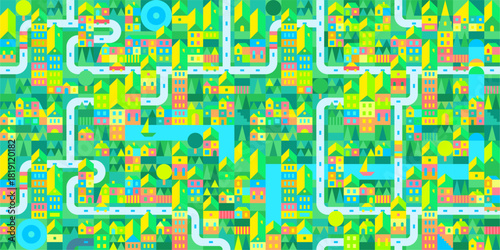Trendy Seamless Abstract Cartoon Urban Vector Bauhaus Swiss Geometric City Pattern Design Background Template