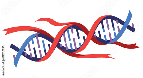 Illustration of a colorful dna double helix structure with red ribbon