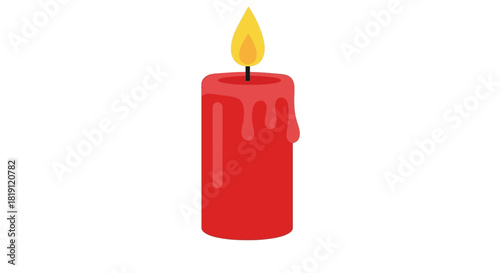 Burning red wax candle with dripping wax isolated on