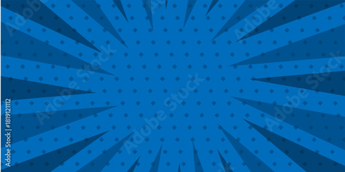 Blue Comic Pop Art Style Background with Radial Zoom Lines and Halftone Dot Texture for Action, Speed, and Focus