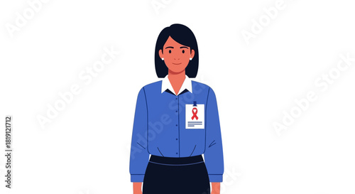 Woman wearing blue shirt with red ribbon badge isolated on