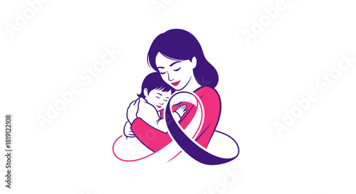 Mother lovingly embracing her baby in a stylized heart shape logo