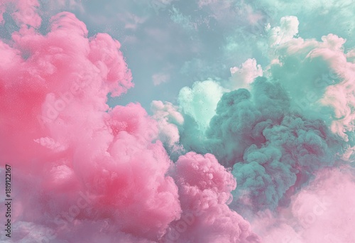 Swirling plumes of pink and teal smoke against a muted blue sky