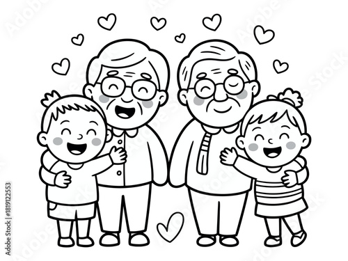A loving family of grandparents and grandchildren share a warm embrace surrounded by hearts.