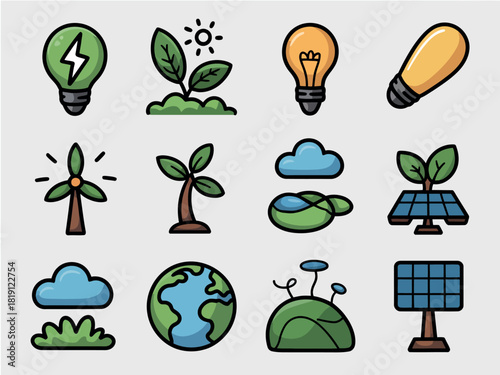 A collection of stylized icons representing renewable energy sources and environmental concepts.